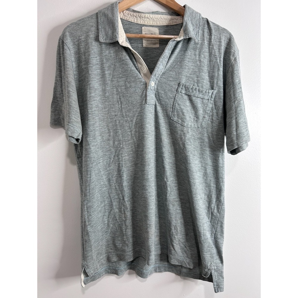 Billy Reid Mens XL Polo Shirt Green White Micro Stripe Short Sleeve Old Money